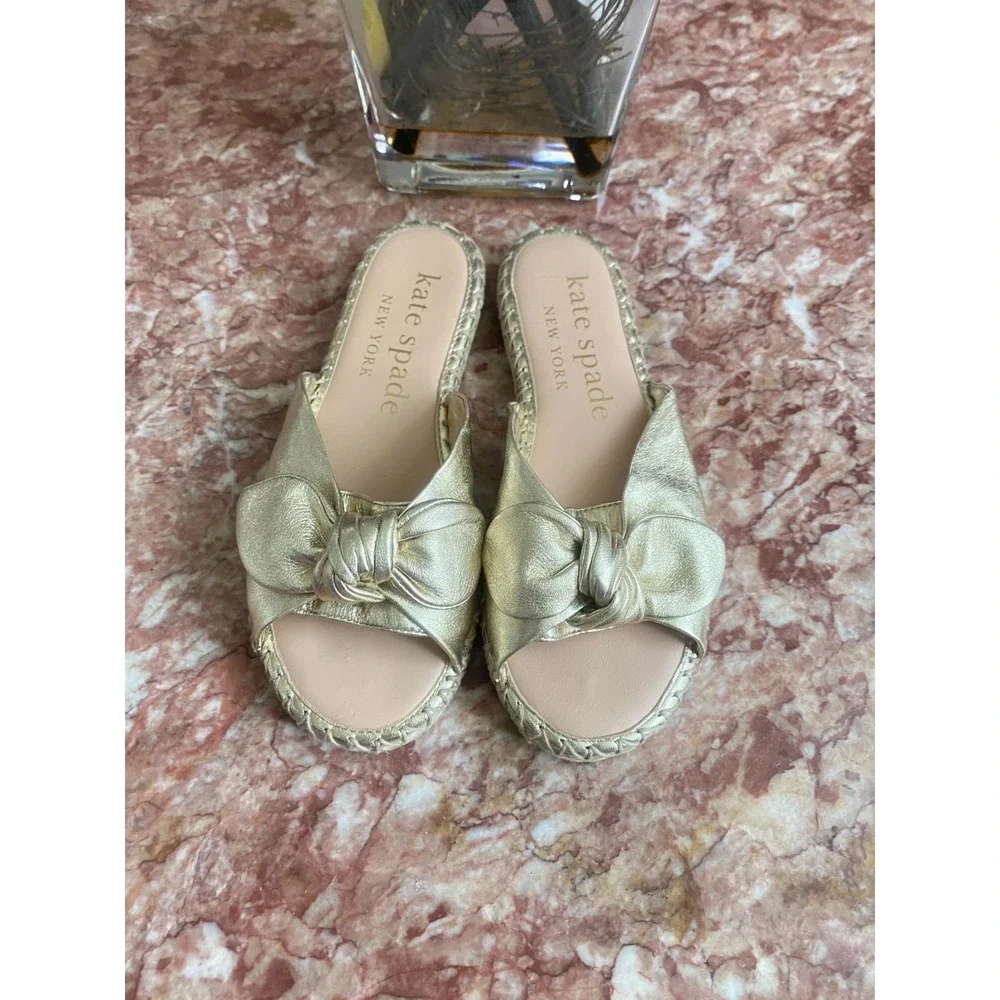 New Kate‎ Spade Saltie Shore Gold Leather Flat Espadrille Sandal Size 6.5B, $128